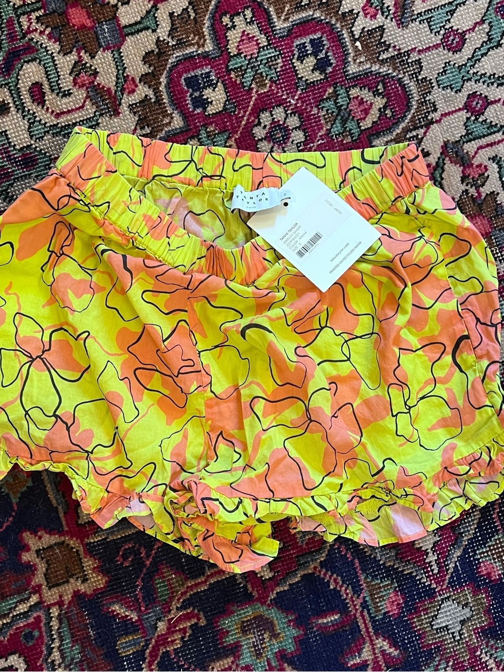 NWT Tanya Taylor Marley Ruffle Hem Shorts - Yellow/Orange Magnolia Print - Small